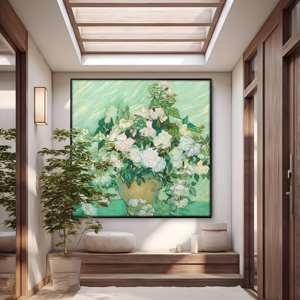 Tablou canvas cu pictura cu vaza si trandafiri albi, in rama de aluminiu negru